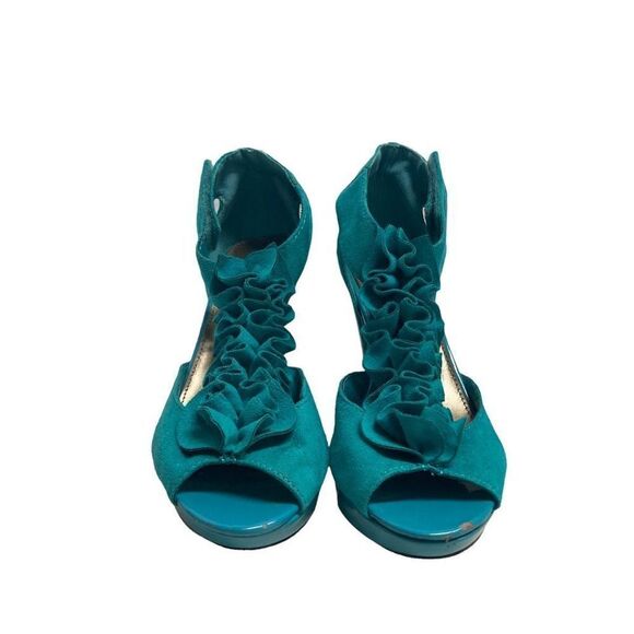 CATO Turquoise Ruffle Strap Hook & Loop Peep Toe Heels Size 7 - Picture 1 of 11